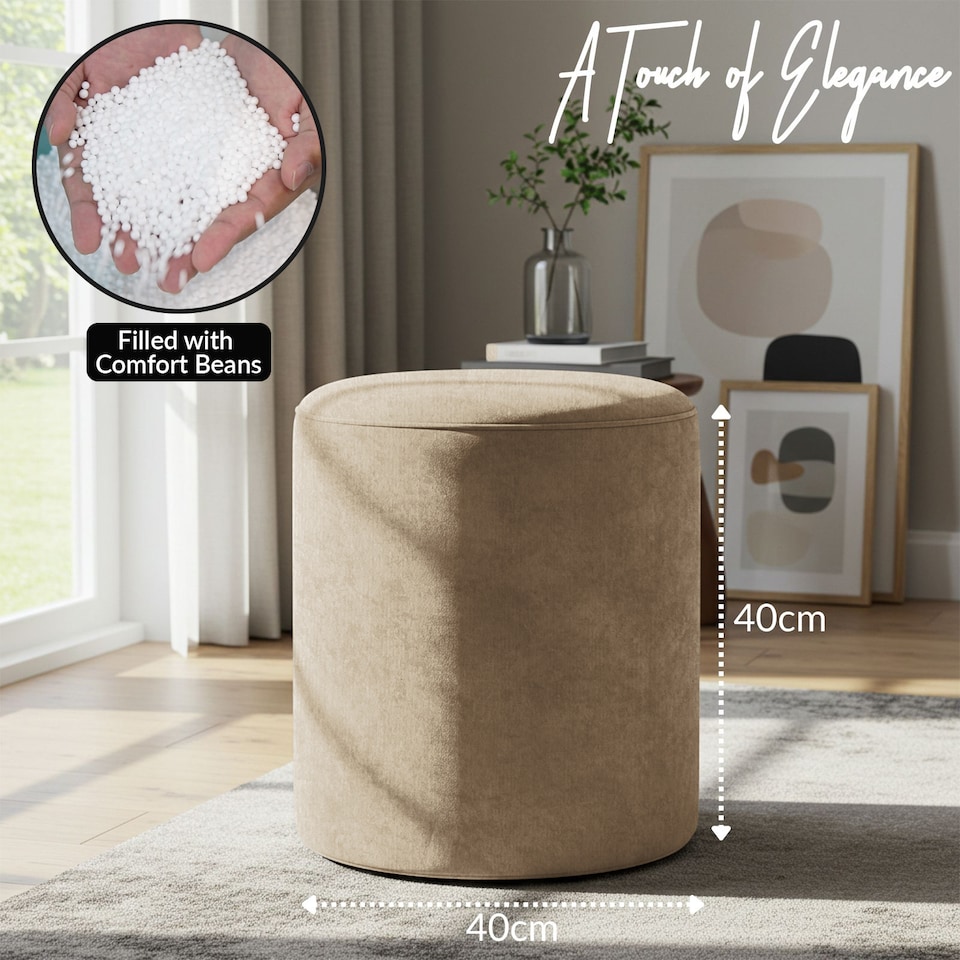 image 1 of Round Shape Velvet Bean Bag Pouffe Foot Rest - 40cm Cream
