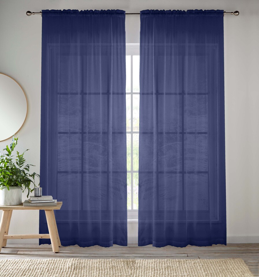 image 1 of Sheer Navy Plain Woven Voile Slot Top Curtain Panel Pair (57x54") 145x137cm