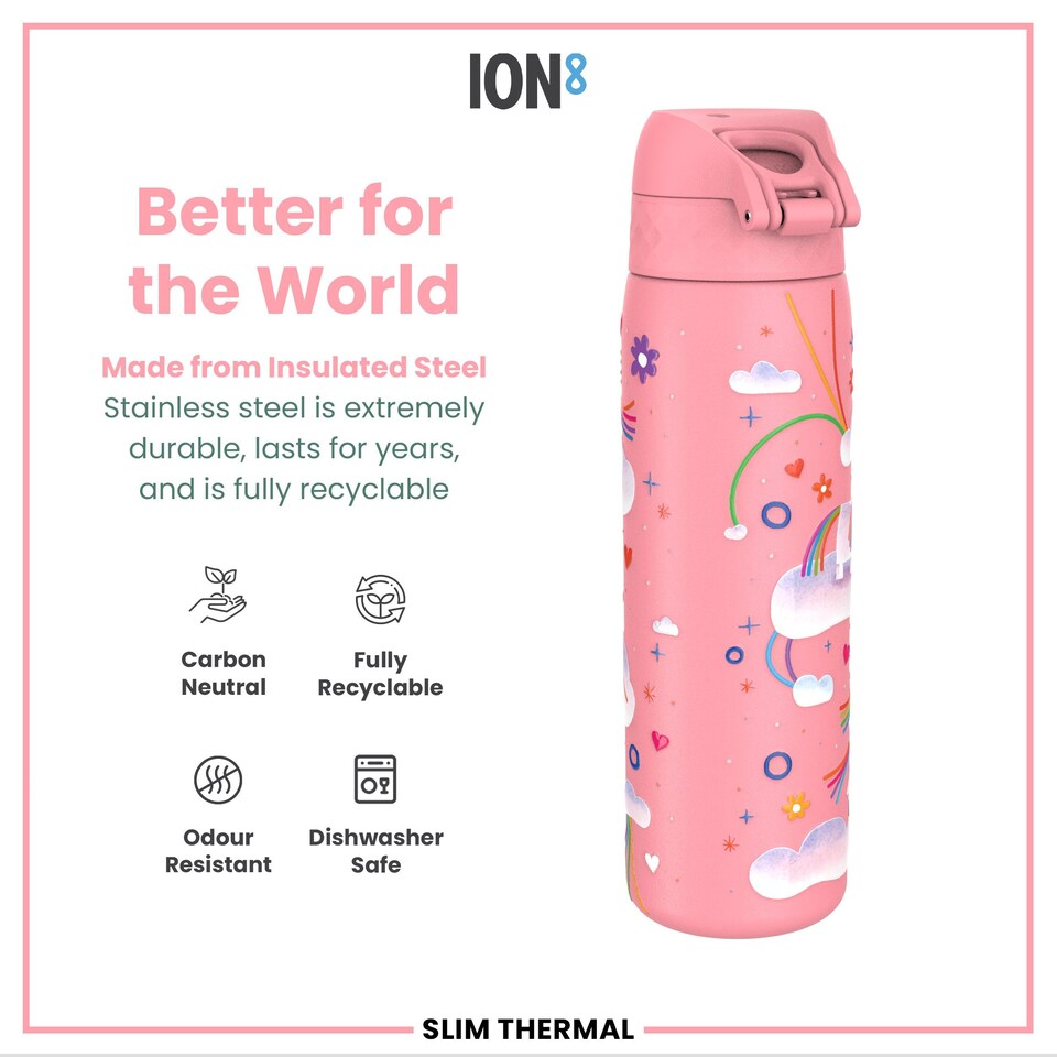 image 1 of Leak Proof Slim Water Bottle, Vacuum Insulated, 500ml (17oz) | Pink | Unicorn Rainbows | One Size