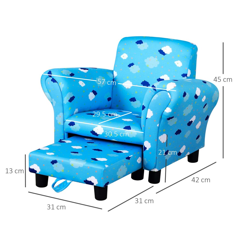 image 1 of HOMCOM Kids Armchair Children Mini Sofa Wood Frame w/ Footrest Cute Cloud Star Blue