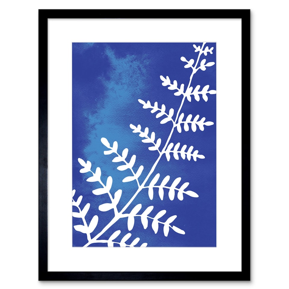 image 1 of Inverted Blue Fern Leaves Watercolour Botanical 9x7" Black Framed Wall Art Print