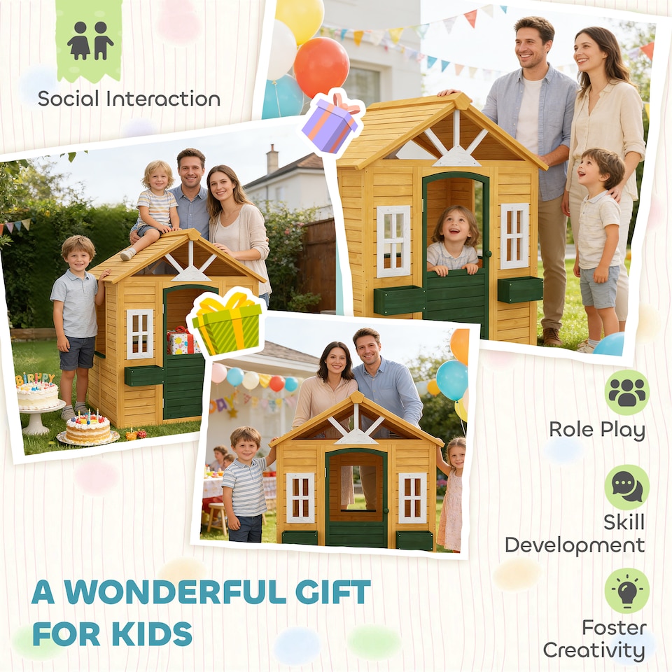 image 1 of AIYAPLAY Outdoor Playhouse, Wooden Wendy House with Door, 2 Flower Boxes