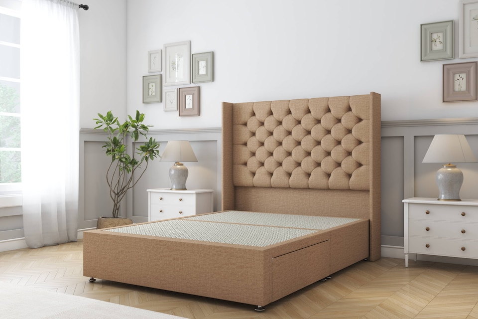 image 1 of Sloomy Dior Latte Dumfries Divan Bed Base 2 Drawers Foot-End With 54 Inch Wingback Headboard | Brown | Latte | Super King | 1