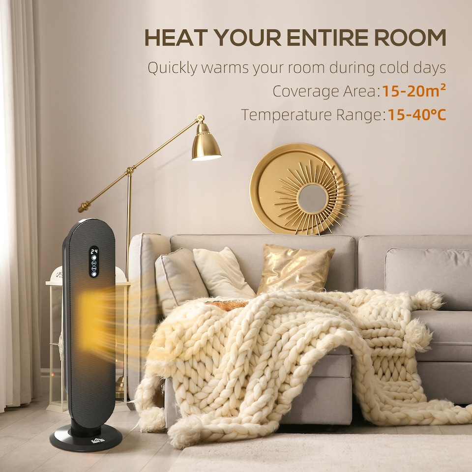 image 1 of HOMCOM Ceramic Space Heater Tower Heater W/ Oscillation, Black