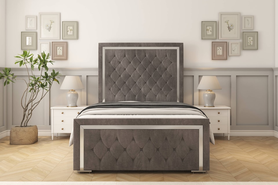 image 1 of Sloomy Sofia Chrome Slate Naples Bed Frame With Mattress With 50" Upholstered Headboard 4'6 Double
