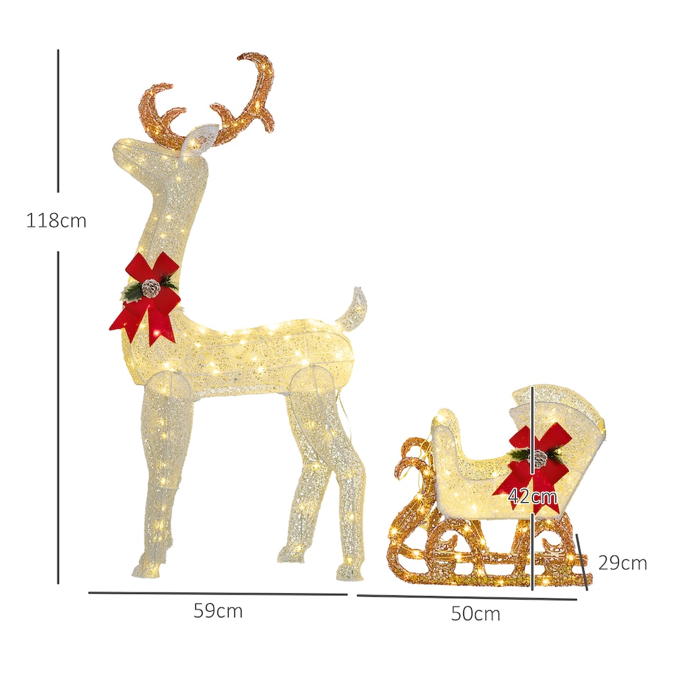 image 1 of Outsunny Light Up Reindeer and Sleigh Christmas Decoration, Outdoor Lighted Deer Xmas Decor with 170 LED Lights for Holiday, Lawn, Garden, Yard, White