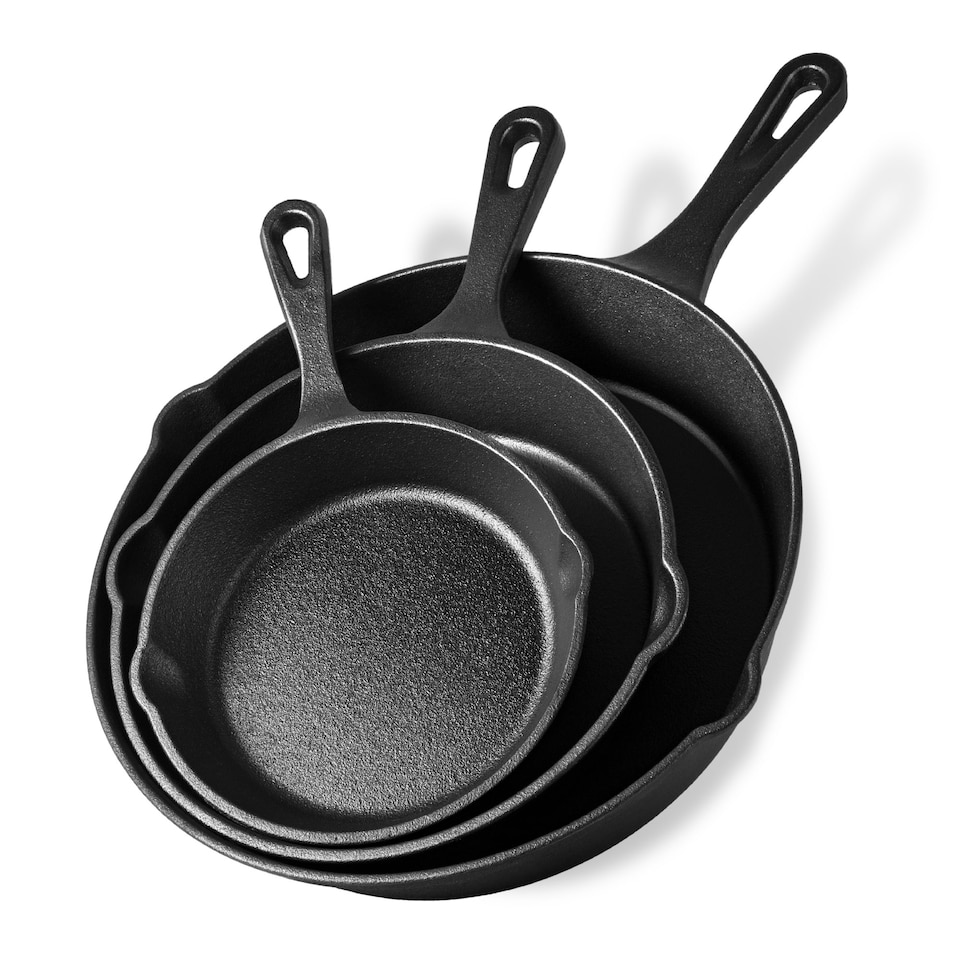 image 1 of VonShef 3Pc Cast Iron Skillet Pan Set - 6", 8", 10"