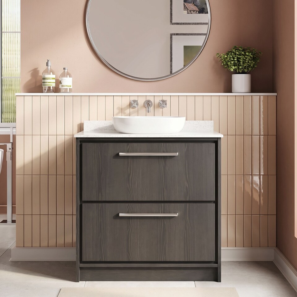 image 1 of Balterley Longnor 2 Drawer Floor Standing Vanity Unit with Square Basin and Marble Worktop, Woodgrain Graphite Grey, 800mm
