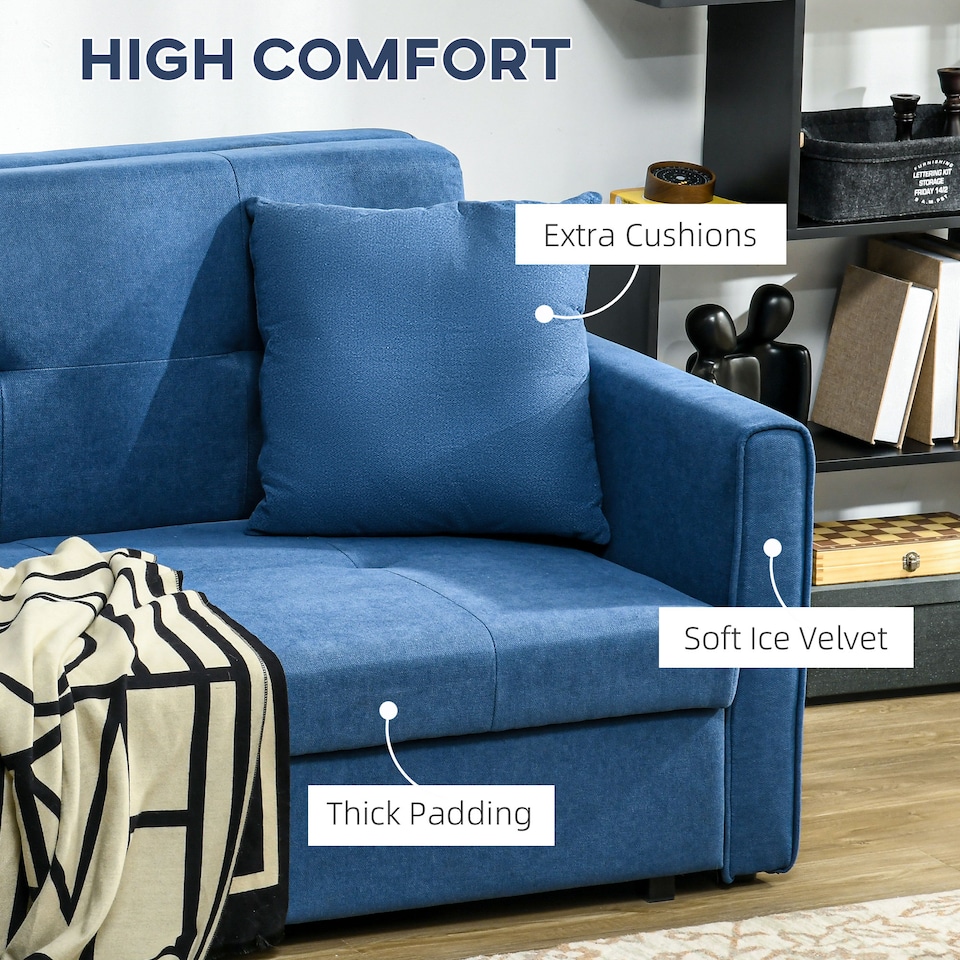 image 1 of HOMCOM 2 Seater Sofa Bed with Hidden Storage, Pull Out Convertible Bed Settee, Modern Snow Flannel Loveseat Sofa Sleeper with 2 Cushions for Living Room, Guest Room, Deep Blue