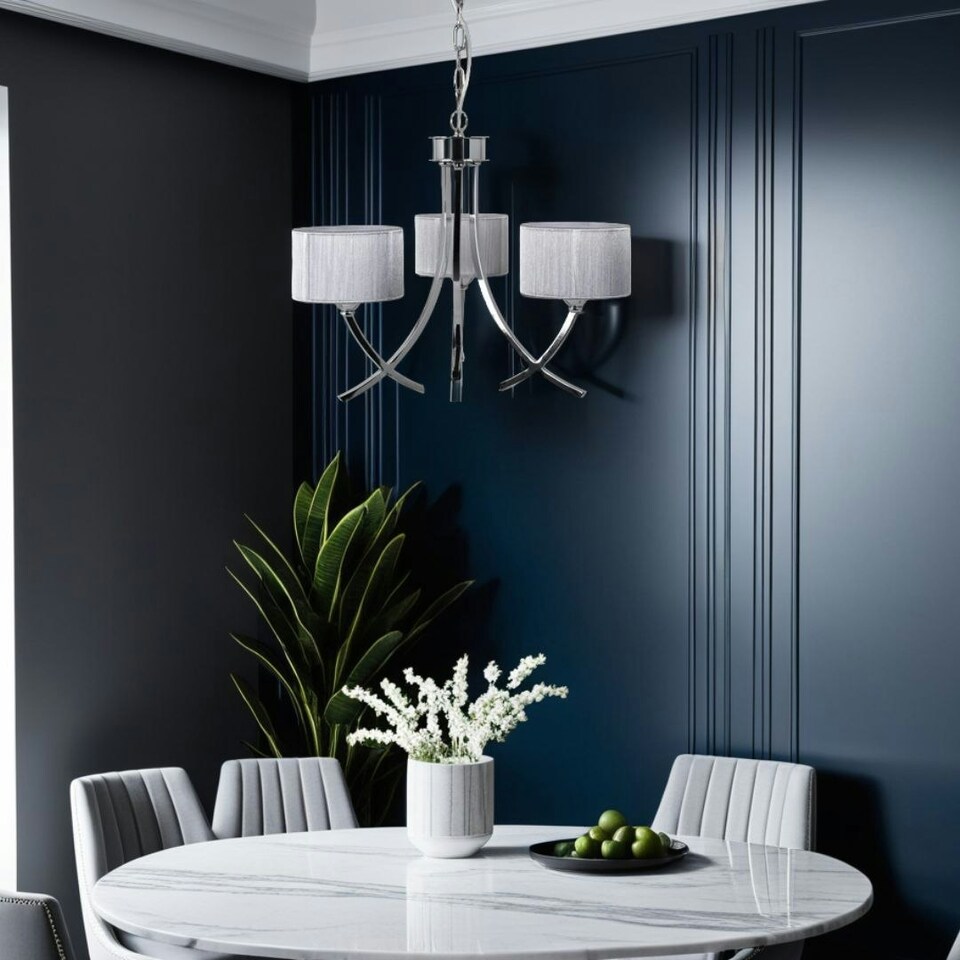 image 1 of Justina 3 Light Polished Chrome Chandelier with Silver String Shade