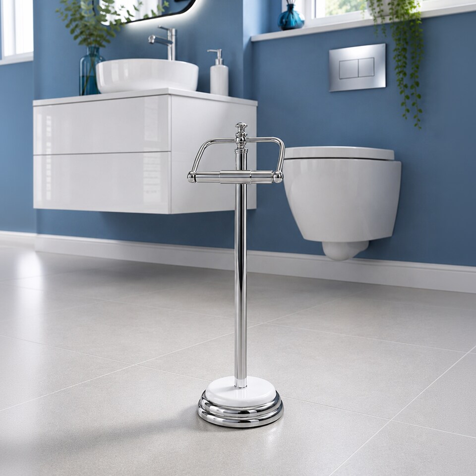 image 1 of Showerdrape Opera White/Chrome Freestanding Toilet Roll Holder | Multi | 1