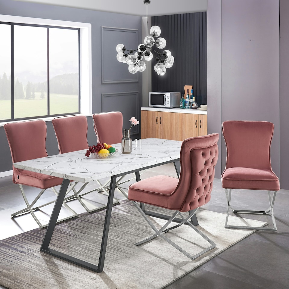 image 1 of Set of 2 Trafalgar Velvet Dining Chairs with Gold Crossed Legs - Modern Upholstered Accent Chair | Pink