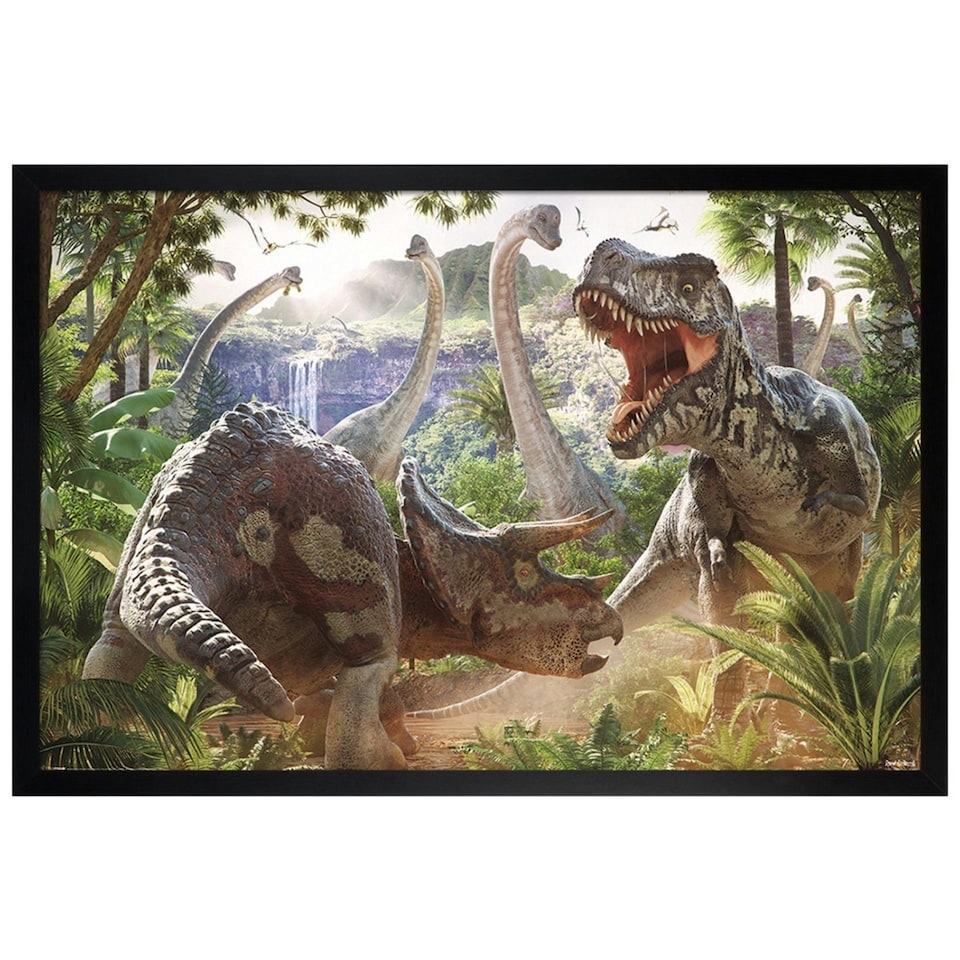 image 1 of Black Wooden Framed  Dinosaur Battle David Penfound Maxi Poster