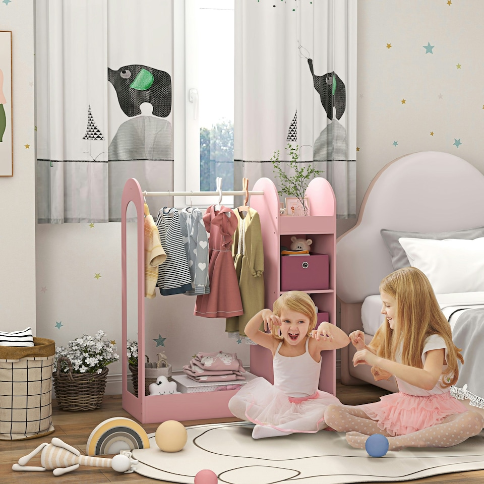 image 1 of AIYAPLAY Kids Clothes Rail with Storage Shelf, Boxes, Mirror, White