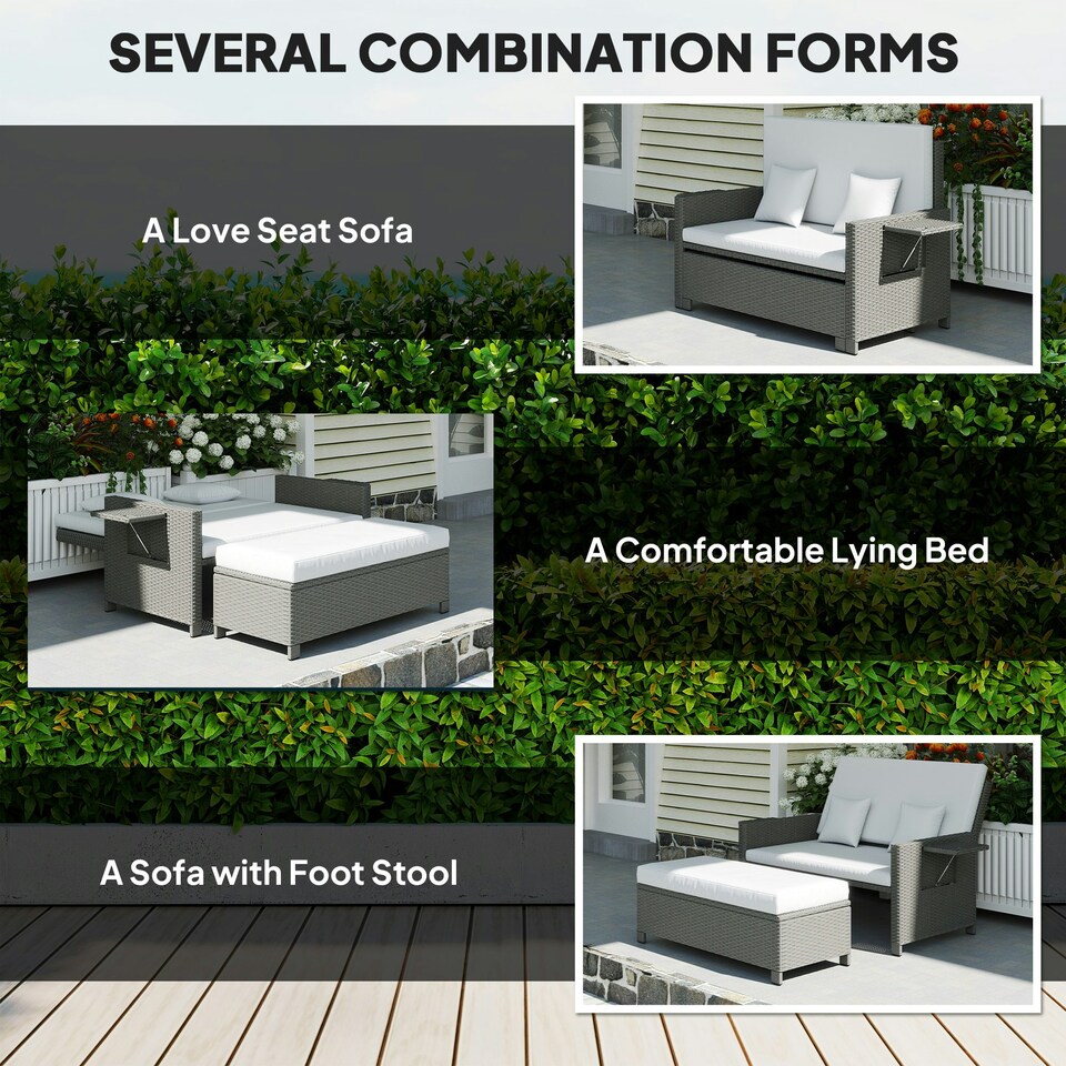 image 1 of Outsunny Garden Rattan Furniture Set 2 Seater Patio Sun Lounger Daybed Sun Bed 