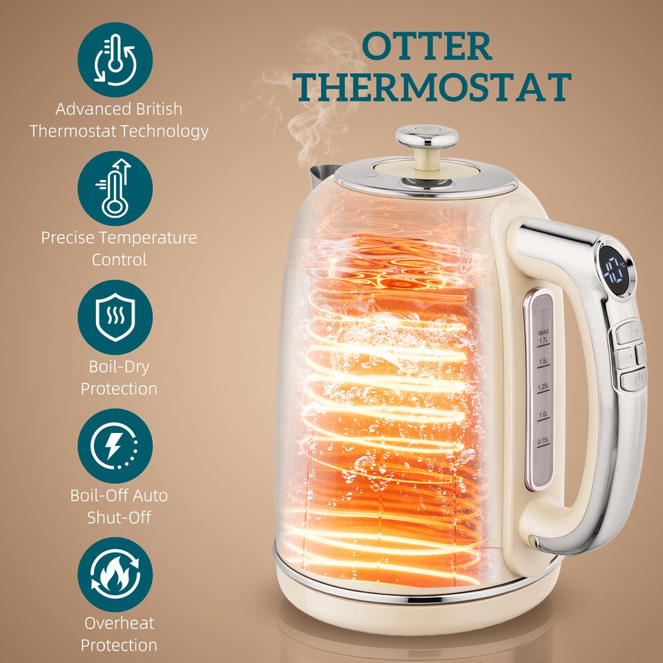 image 1 of HOMCOM Kettle and Toaster Set with LED Screen, 1.7L 3000W Retro Rapid Boil Jug Kettle with Keep Warm Memory Function, 2 Slice Toaster with 6 Browning Controls, Crumb Tray, Cream | Cream