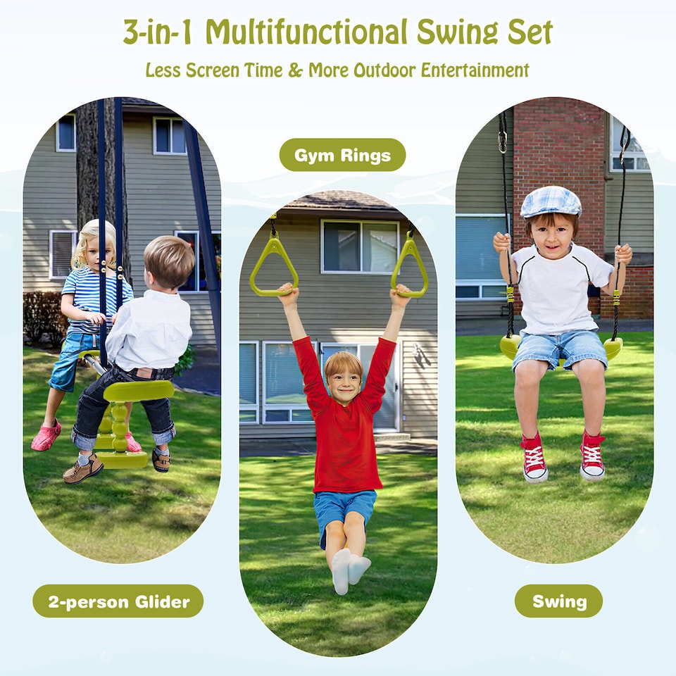 image 1 of COSTWAY 3-in-1 Swing Set A-Frame Swing Set Multifunctional Activity Playset for Backyard