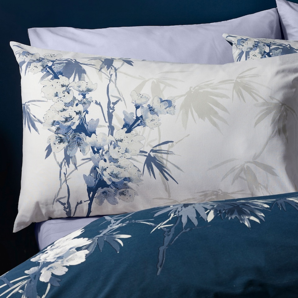 image 1 of Catherine Lansfield Kyoto Floral Reversible Duvet Cover Set | Blue | Super King