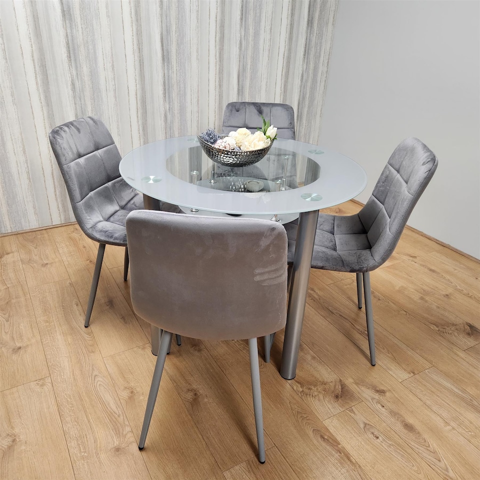 image 1 of Dining Table And 4 Chairs Grey Round Table With 4 Grey Velvet Chairs Dining Room Furniture