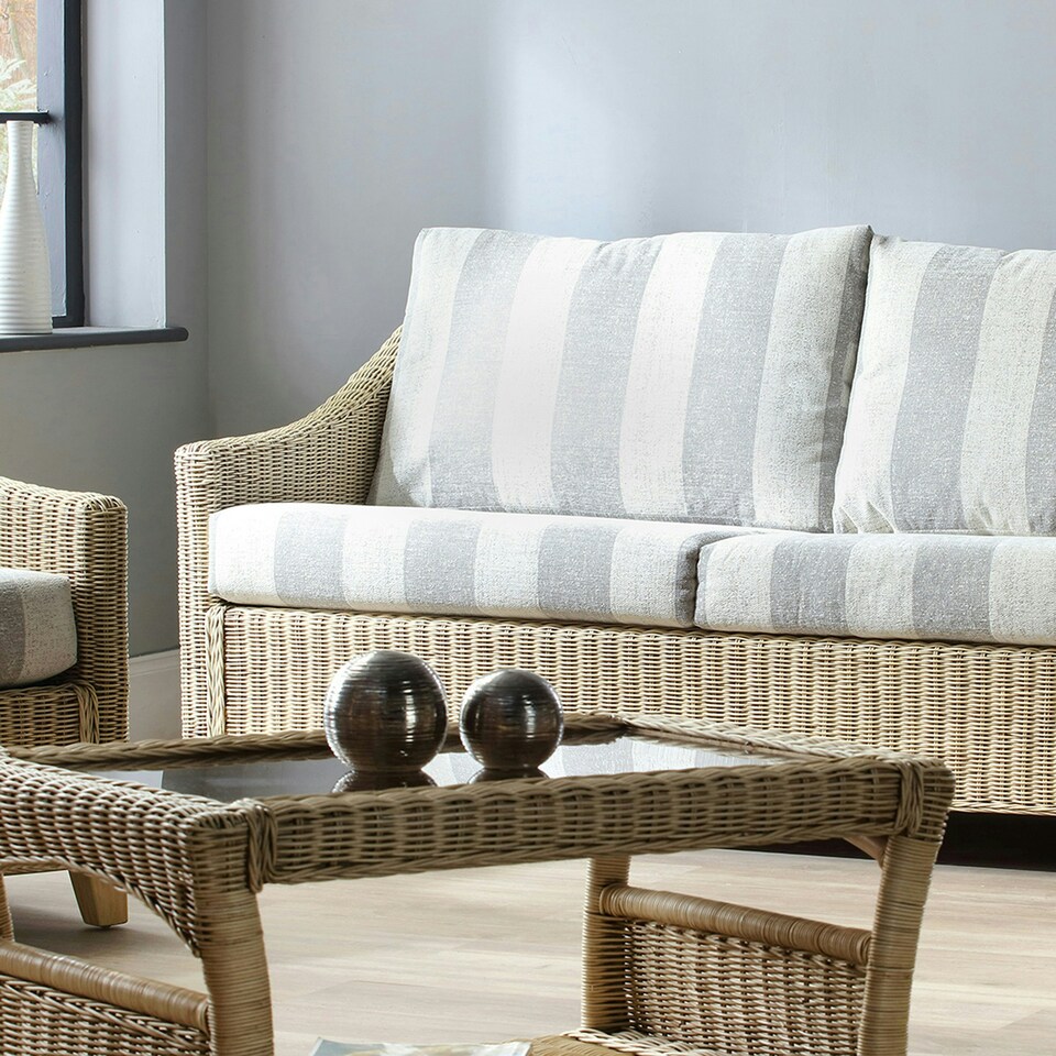image 1 of Desser Dijon Natural 3 Seater Rattan Sofa Set in Athena Stripe - Conservatory Sofa Suite