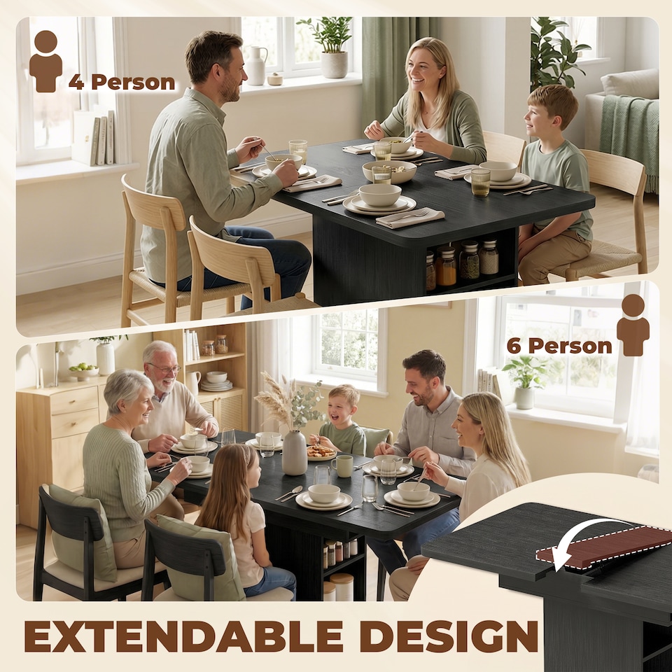 image 1 of HOMCOM Extendable Dining Table for 4-6, Kitchen Table with Shelves