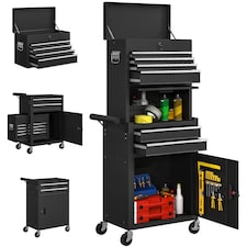 HOMCOM Lockable Tool Cabinet, 3-in-1 Rolling Tool Chest Combo with 6 Drawers and Pegboard, Detachable Steel Tool Storage Cabinet for Garage and Workshop, Black | Black