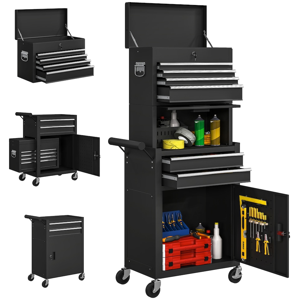 image 1 of HOMCOM Lockable Tool Cabinet, 3-in-1 Rolling Tool Chest Combo with 6 Drawers and Pegboard, Detachable Steel Tool Storage Cabinet for Garage and Workshop, Black | Black