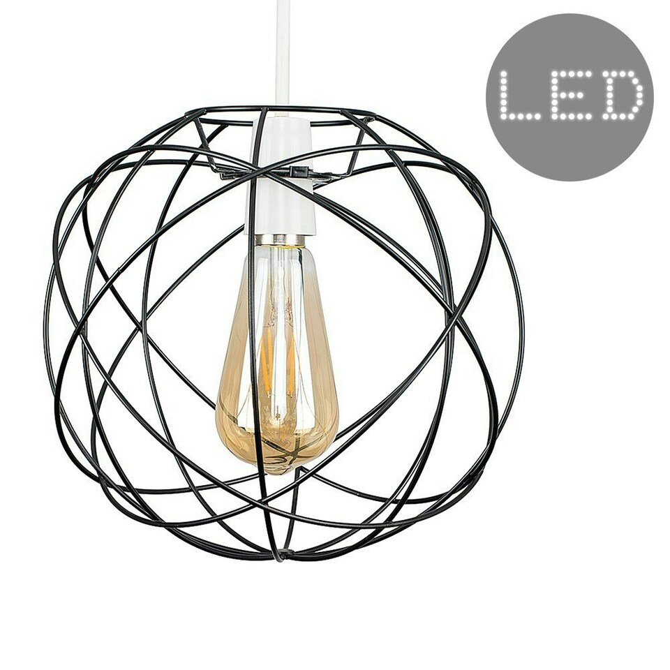 image 1 of ValueLights Rutherford Black Ceiling Pendant Light Shade & LED Filament Bulb Black