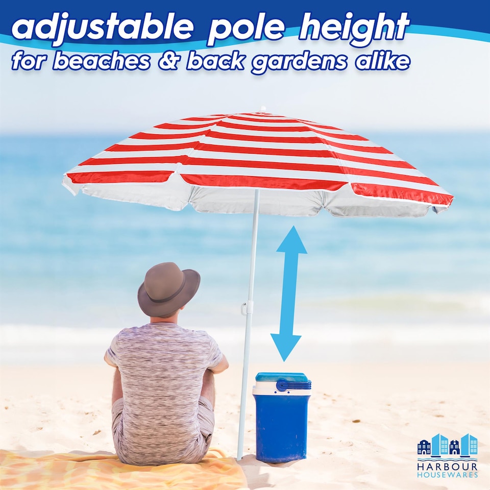 image 1 of Harbour Housewares Metal Beach Parasol - 1.8m  - Red Stripe
