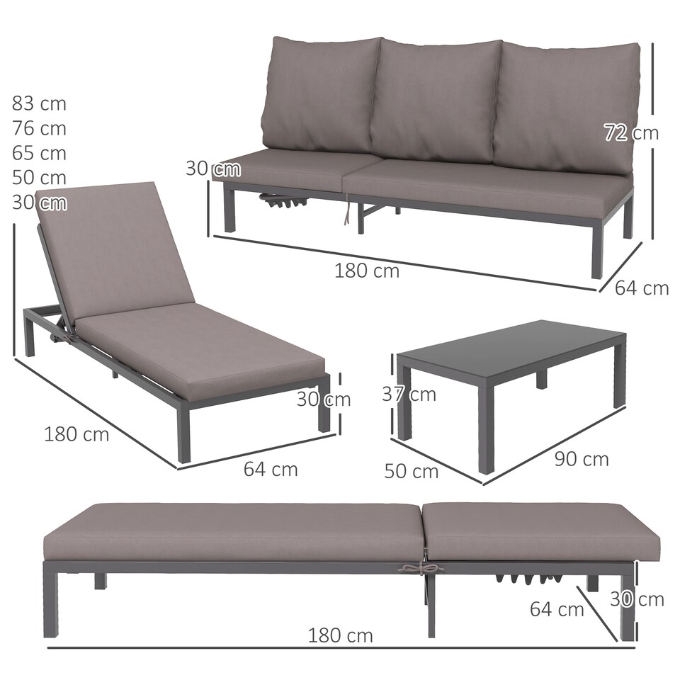 image 1 of Outsunny 3 Pieces Garden Sun Loungers Set with Cushion, 5-level Adjustable Outdoor Recliner Bed Set with Glass Top Table, 2-In-1 Design Aluminium Frame Recliner Lounge or Use As Sofa Bed, Grey