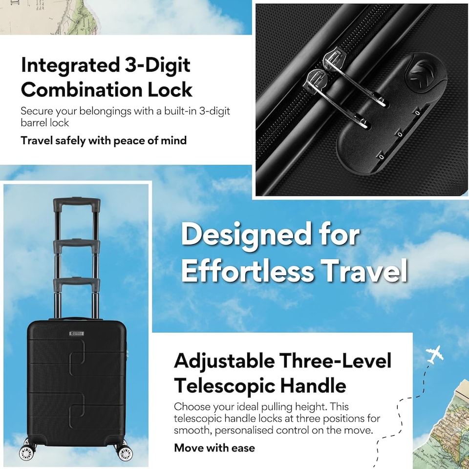 image 1 of Straame 55x40x20 cm Black Cabin Suitcase, 360° Spinner Wheels