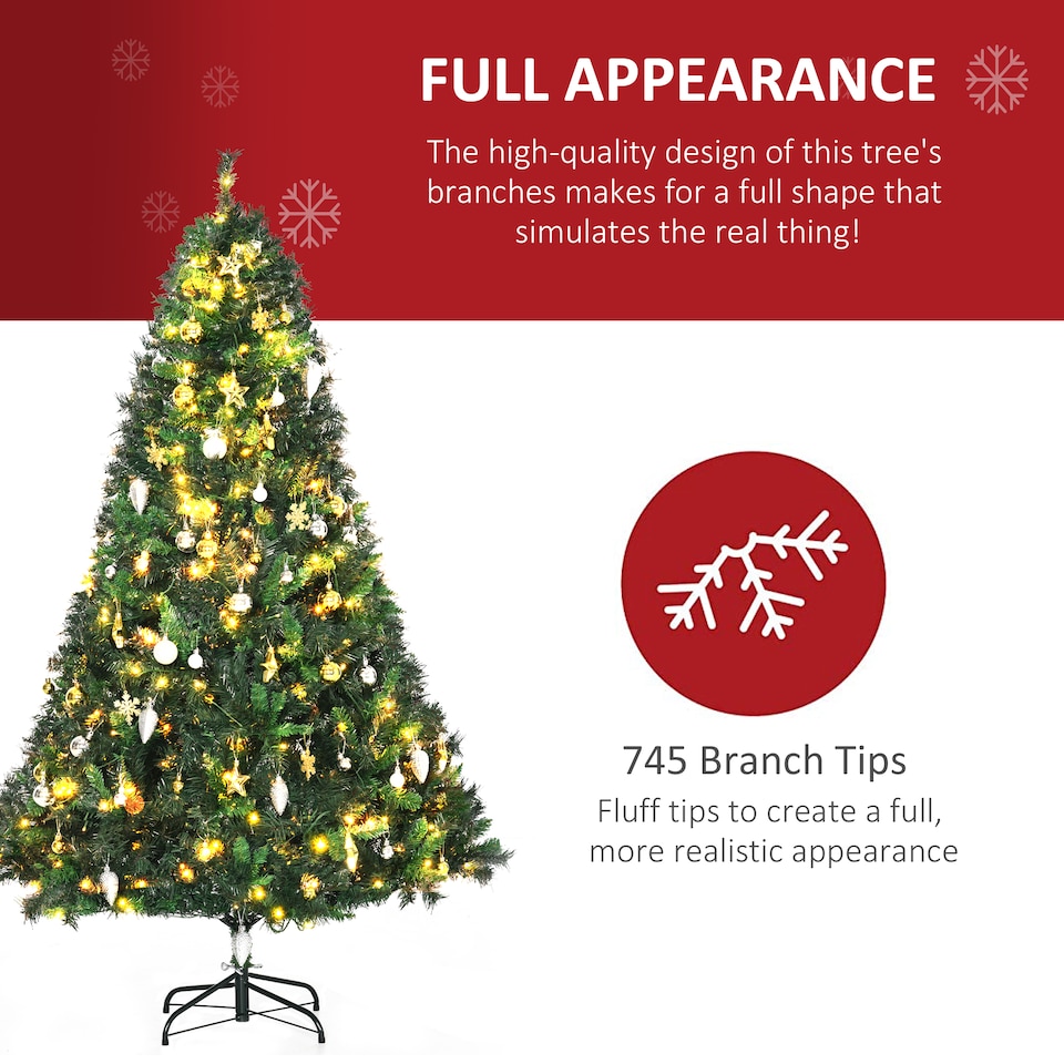 image 1 of HOMCOM 1.8m 6ft PreLit Artificial Christmas Tree 200 LED Xmas Tree Holiday Decor with Decorative Balls Ornament Metal Stand