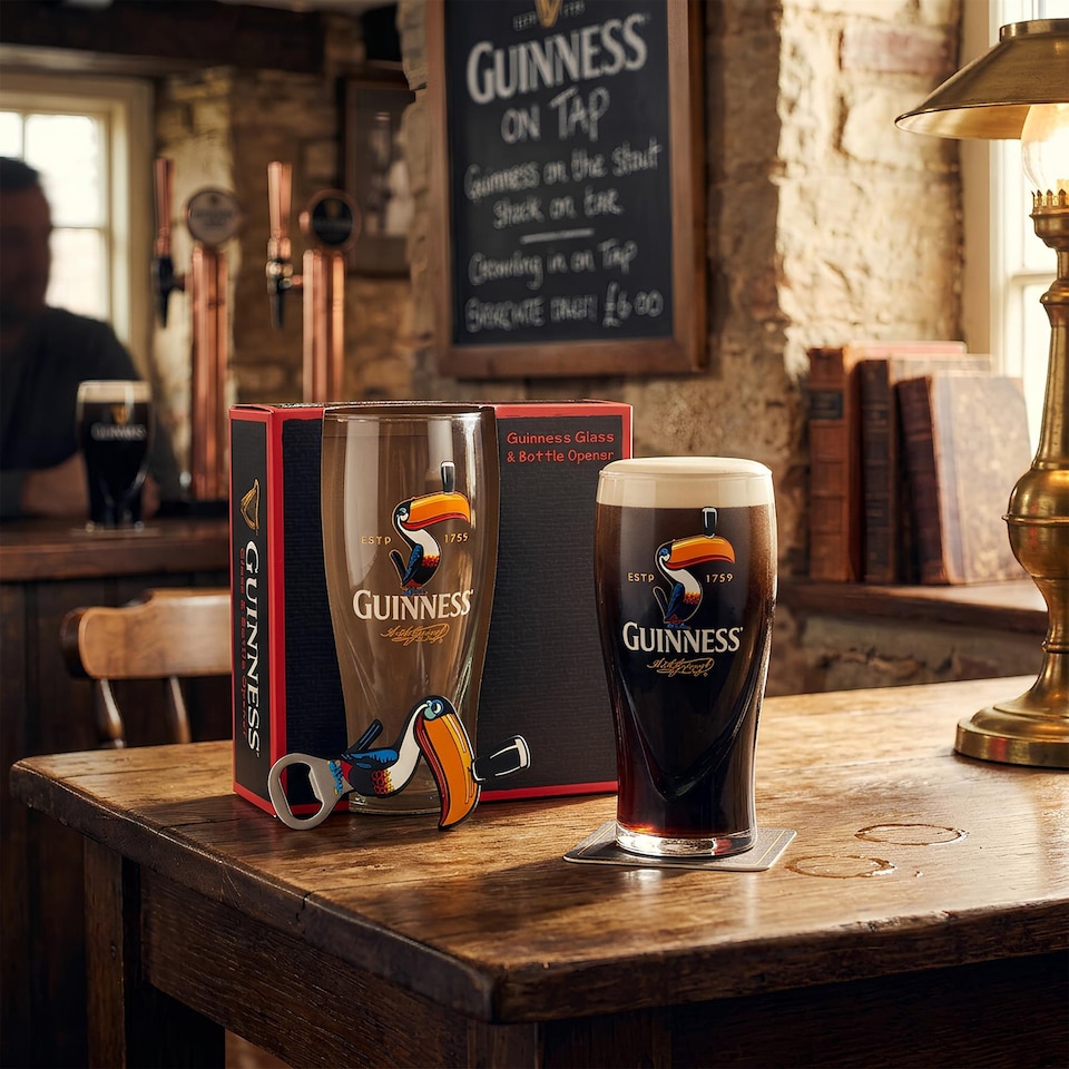 image 1 of Guinness Toucan Pint Glass Set with Bottle Opener - 2 Piece Large Reusable Glass Craft Beer Drinking Tulip Lager Ale Pub Kitchen Tumbler Cups Set