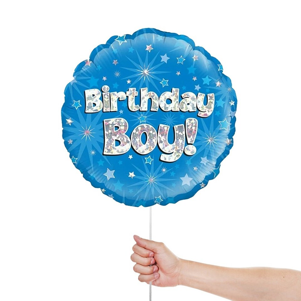 image 1 of Birthday Boy Blue Holographic Round Foil Helium Balloon 46cm / 18 in