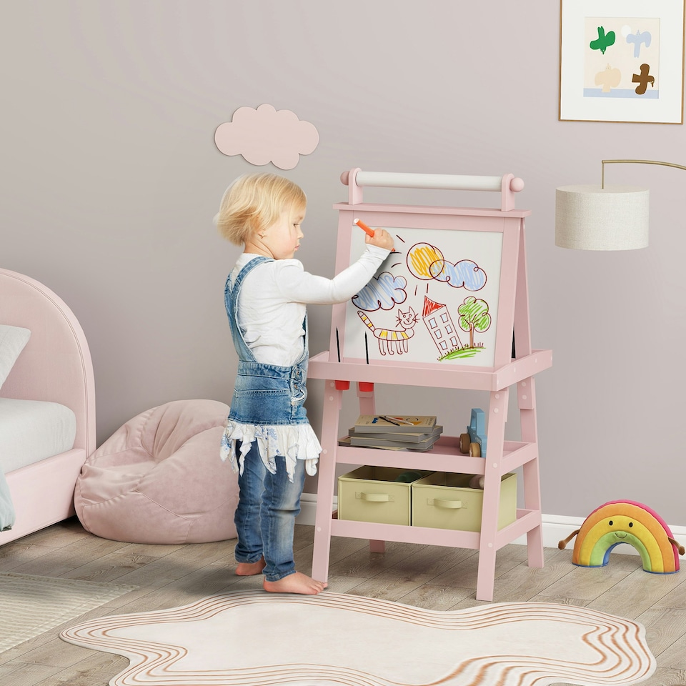 image 1 of AIYAPLAY Art Easel for Kids with Paper Roll, 3 in 1 Kids Easel Double-Sided Magnetic Whiteboard and Chalkboard with Storage Baskets, for Children 3-6 Years 