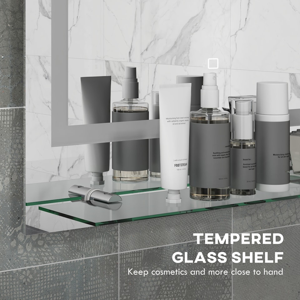 image 1 of kleankin Dimmable Makeup Mirror with Storage Shelf, Bathroom Mirror with LED Lights, 3 Temperature Colours, Defogging Film and Memory Function, Hardwired, 70 50cm