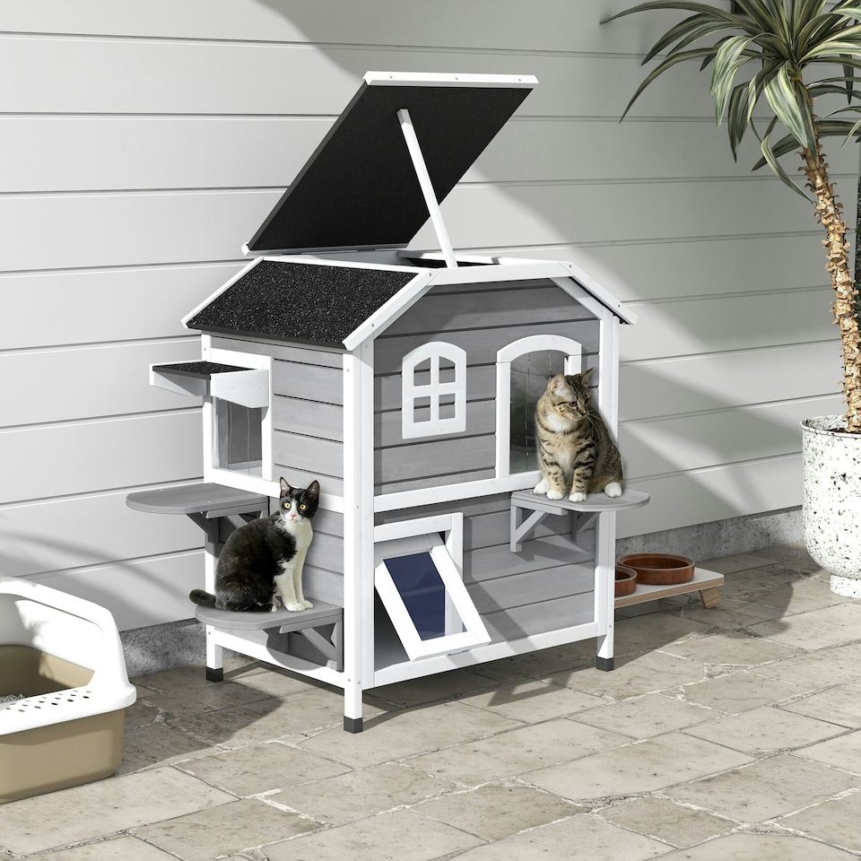 image 1 of PawHut Wooden Cat House Cat Cave Pet Shelter Condos Outdoor Grey