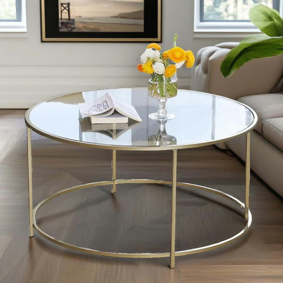 image 1 of Industrial Tempered Glass Round Coffee Table Gold Gold