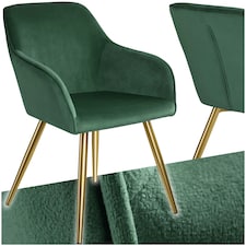 Chair Marilyn - with armrests, padded, velvet look, golden steel legs - per piece Green | Dark Green/Gold