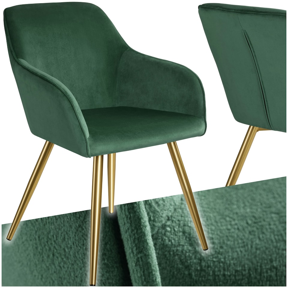 image 1 of Chair Marilyn - with armrests, padded, velvet look, golden steel legs - per piece Green | Dark Green/Gold