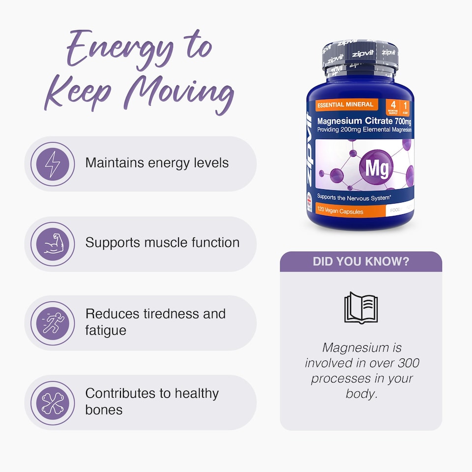 image 1 of Zipvit Magnesium Citrate 700mg – Energy, Muscle & Bone Support, 120 Vegan Capsules, 4-Month Supply