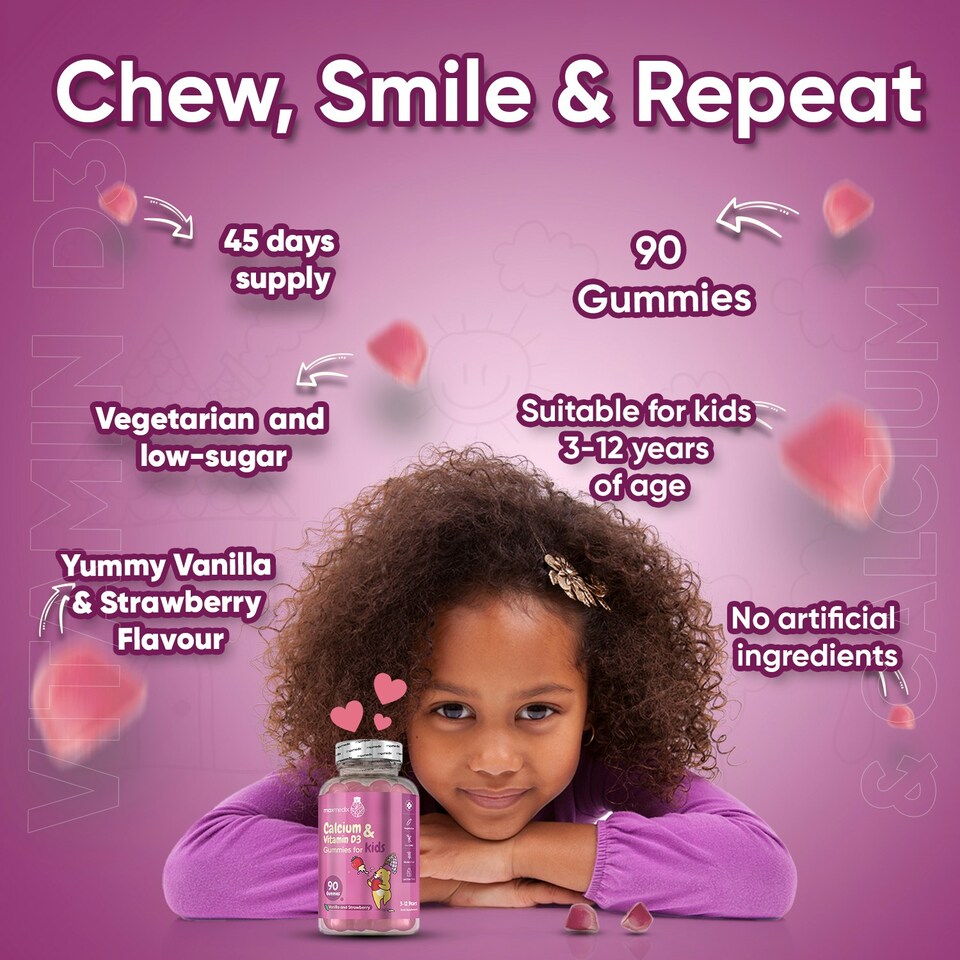 image 1 of Calcium & Vitamin D3 Gummies for Kids (3-12 Yrs) – 90 Strawberry Vanilla, Gluten-Free, Non-GMO