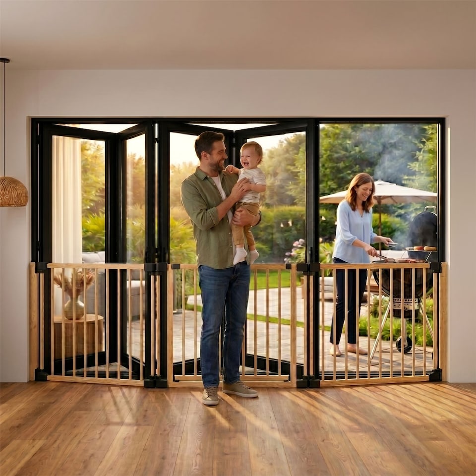 image 1 of Safetots Wooden Multi Panel Room Divider, up to 156cm, Natural Wood, 76cm Tall, Flexible Room Divider for Baby and Toddler | Cream | Natural