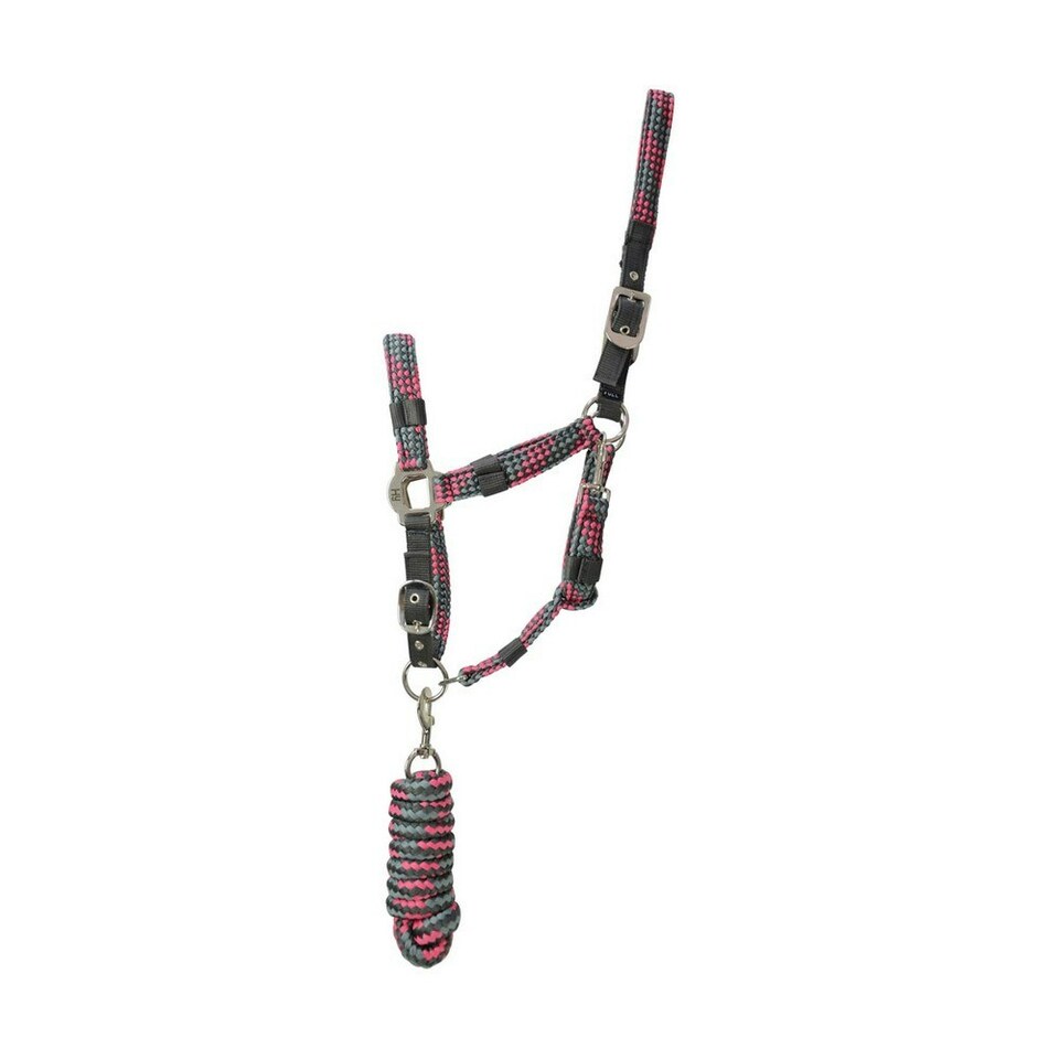 Hy Horse Headcollar and Leadrope - Dark Grey/Grey/Pink - Full