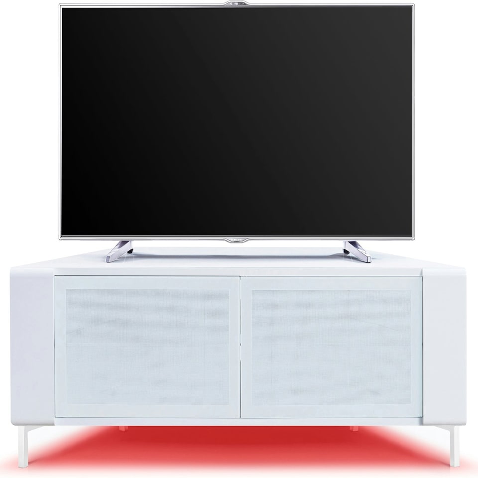 image 1 of MDA Designs CORVUS Corner-Friendly Gloss White Contemporary Cabinet with White BeamThru Glass Doors for Flat Screen TVs up to 50" with 16 Colour LED Lights White