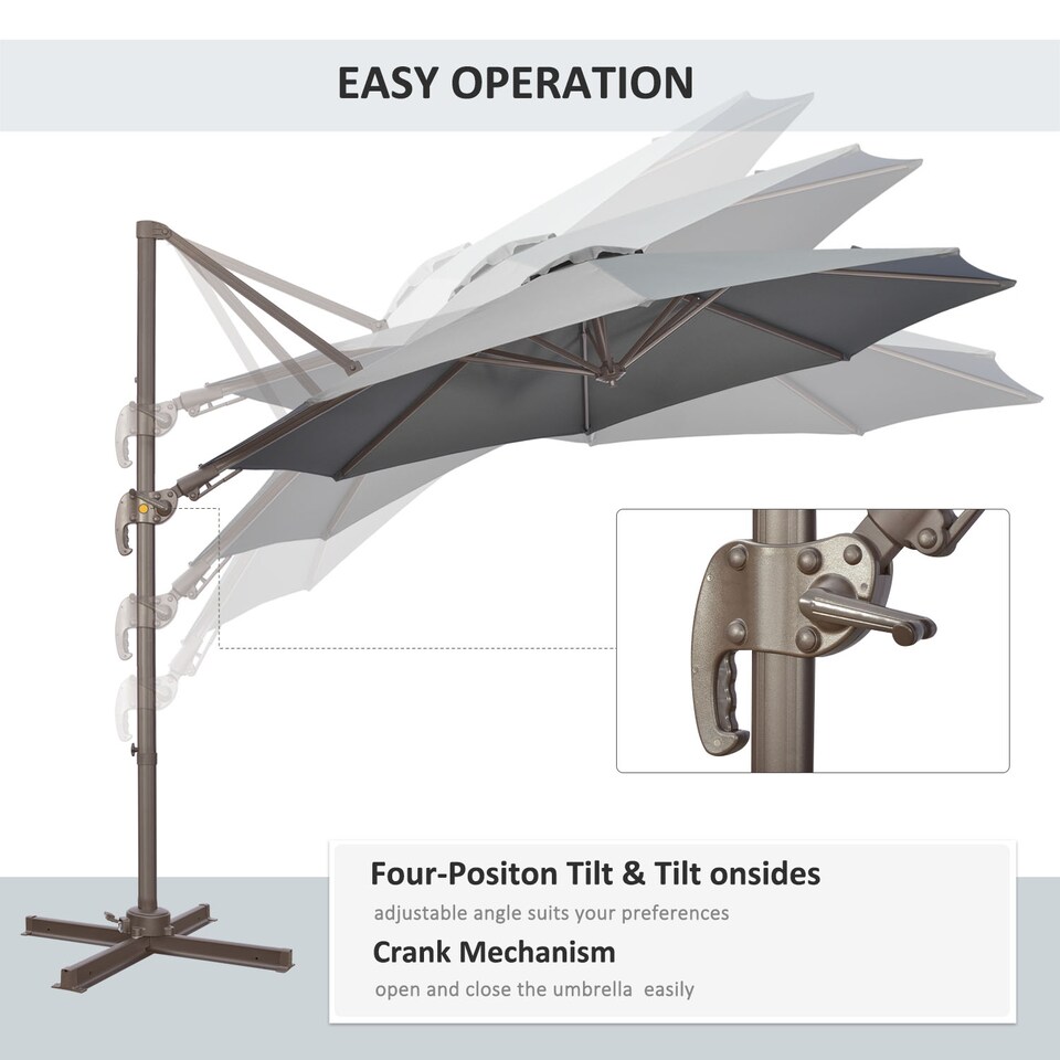 image 1 of Outsunny 3m Cantilever Parasol 360 Rotation Roma Umbrella Hanging Sun Shade with Aluminium Frame, Tilt Crank, 8 Ribs and Cross Base, Dark Grey