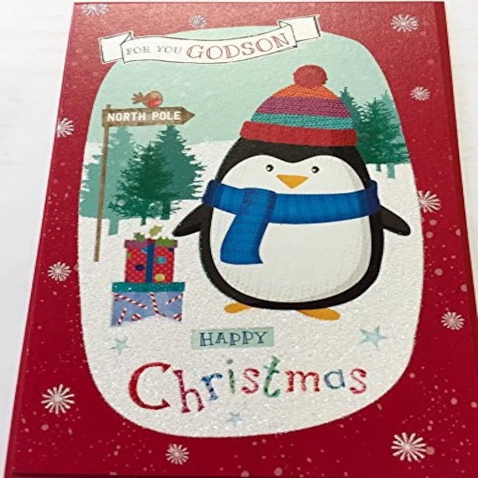 image 1 of TRADITIONAL GODSON MALE CUTE NICE VERSE GLITTER CHRISTMAS GREETING CARD