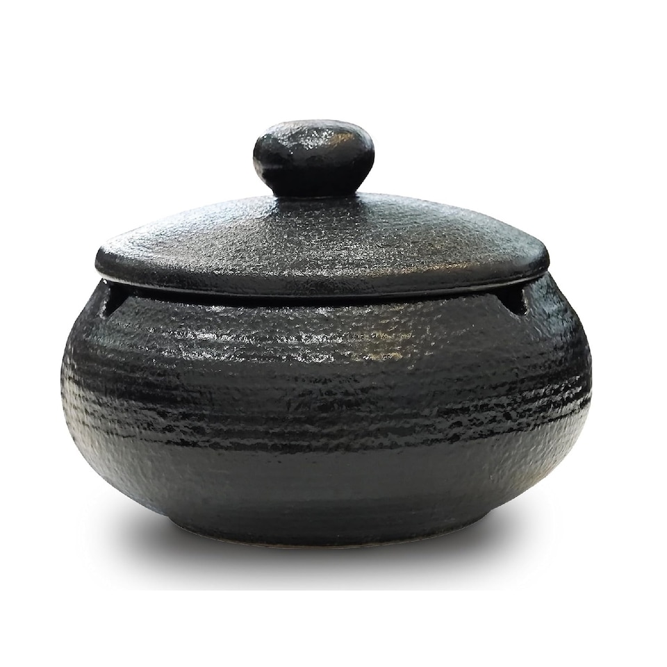 image 1 of Black Ceramic Ashtray With Lid Desktop Ash Tray Home Indoor & Outdoor