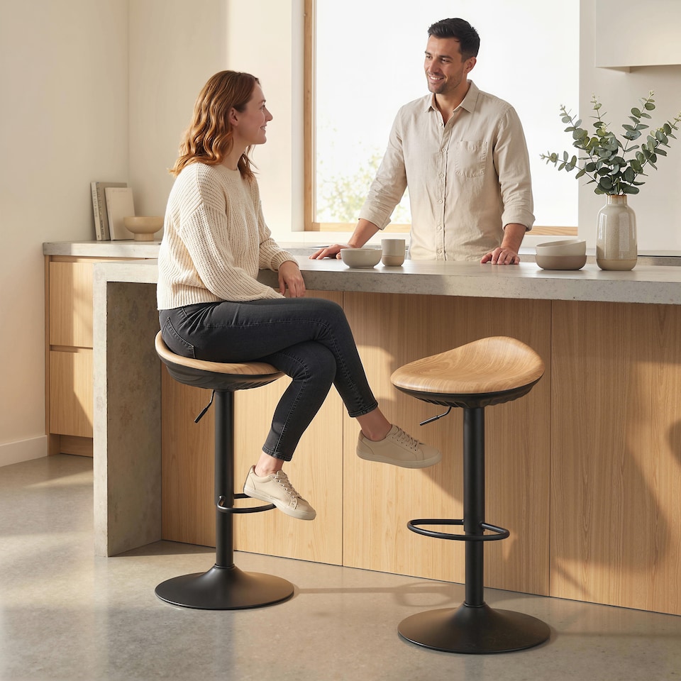 image 1 of HOMCOM Set of 2 Breakfast Barstools, PU Leather Swivel Bar Stools, Oak | Brown | Oak | 40 x 40 x 63-84 cm