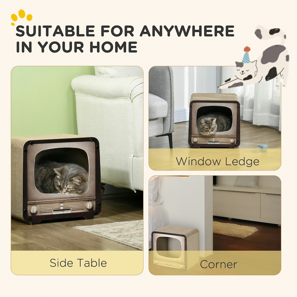 image 1 of PawHut 2 in 1 Cat House TV Shape Corrugated Cardboard with Catnip, Brown